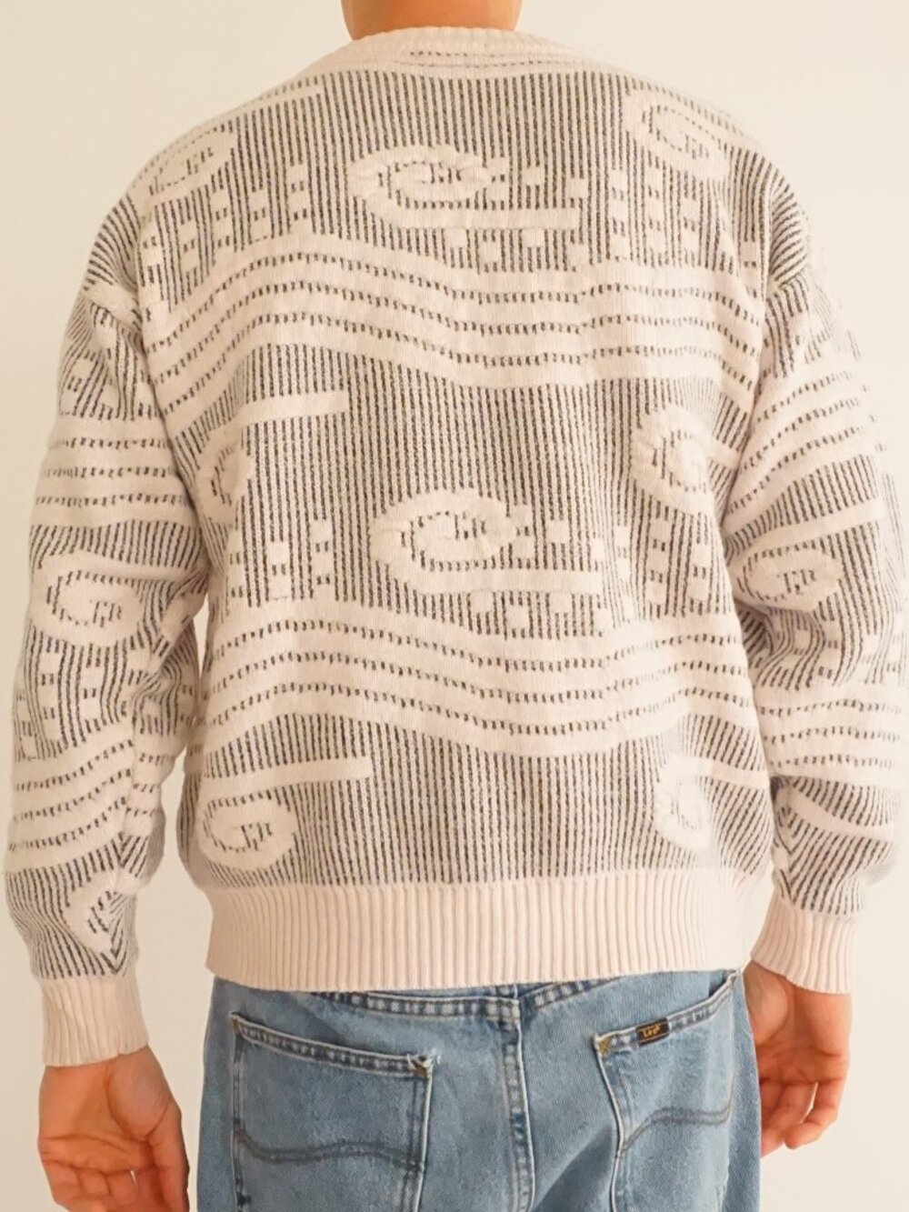 Vintage Koman Pale Pink Charcoal Grey Tropical Fish Geometric Designer Sweater M - Picture 2 of 11